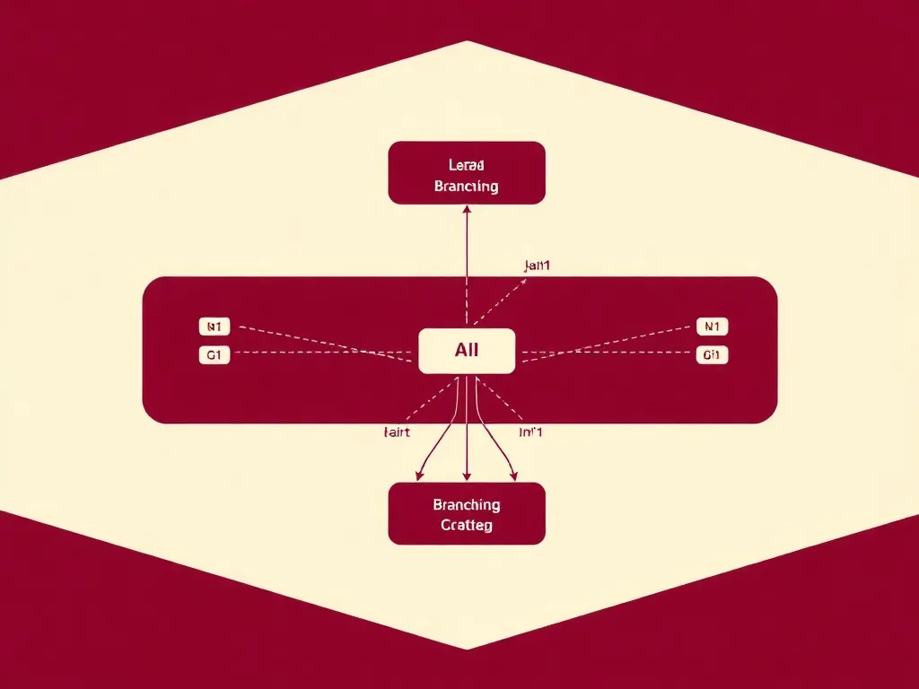 Technical diagram of a git branching model with clean lines,