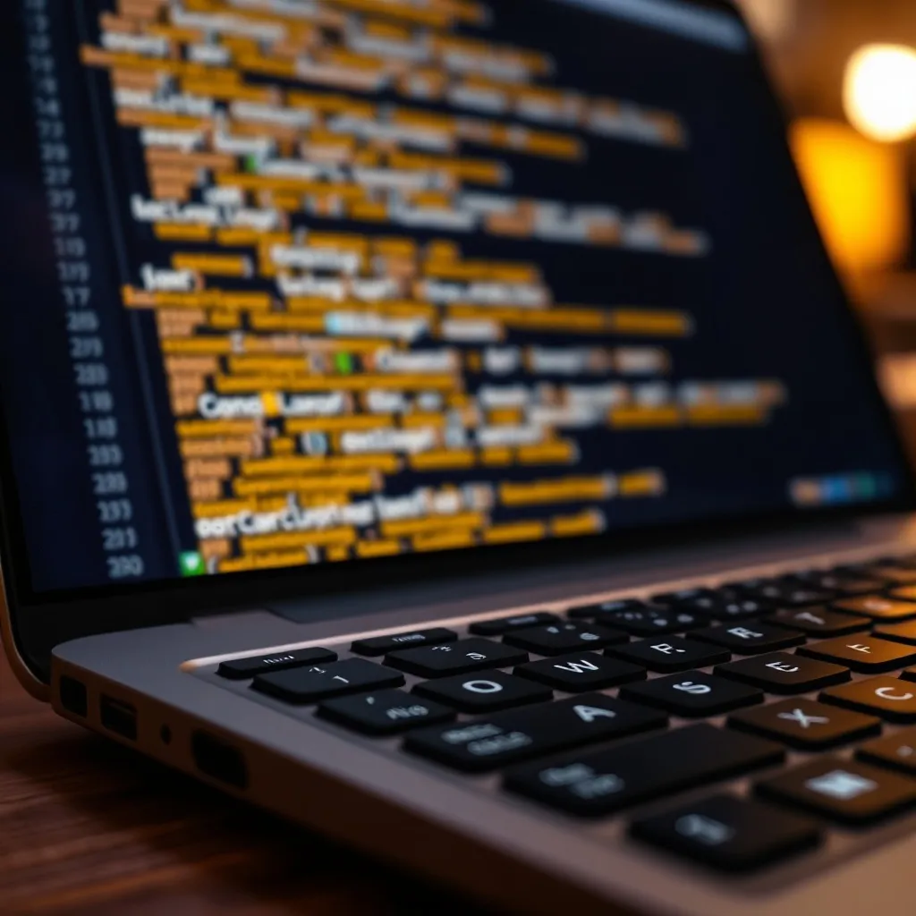 Close-up of a high-quality laptop keyboard with a blurred sc