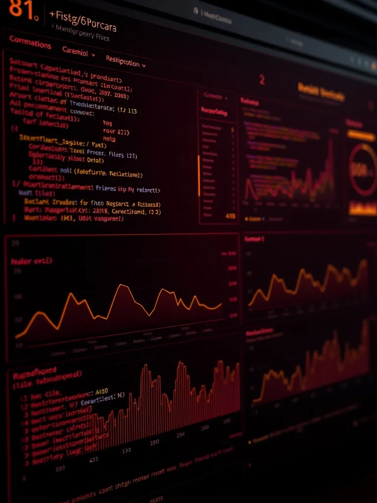Dark futuristic dashboard showing code metrics, data visuali