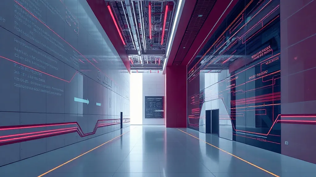 High-tech minimalist architectural visualization of data flo