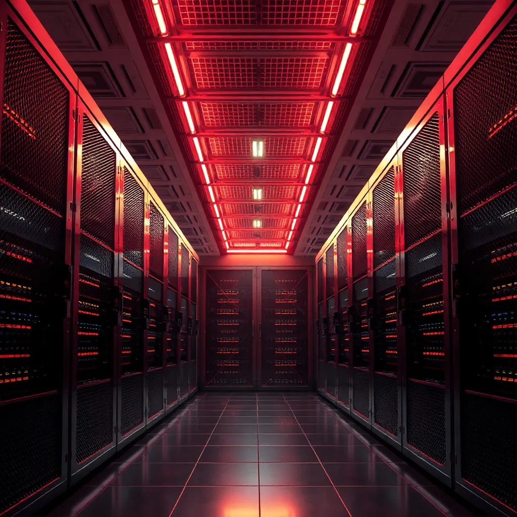 Abstract high-tech server room with deep red and gold lighti