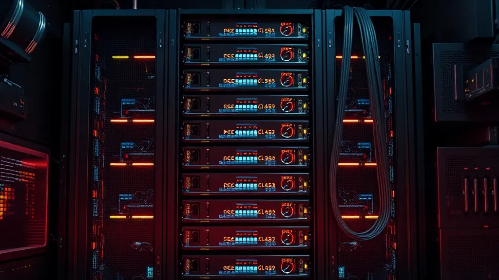 Technical schematic of a server rack with glowing lights and
